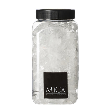 Store transparente glassten fra Mica Decorations i beholder med sort låg til dekoration og julelandskaber