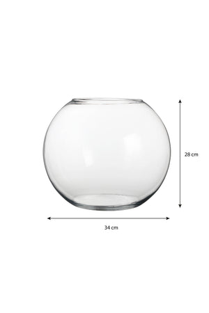 Stor kugleformet glasbowle med mål på 34 cm i diameter og 28 cm i højden
