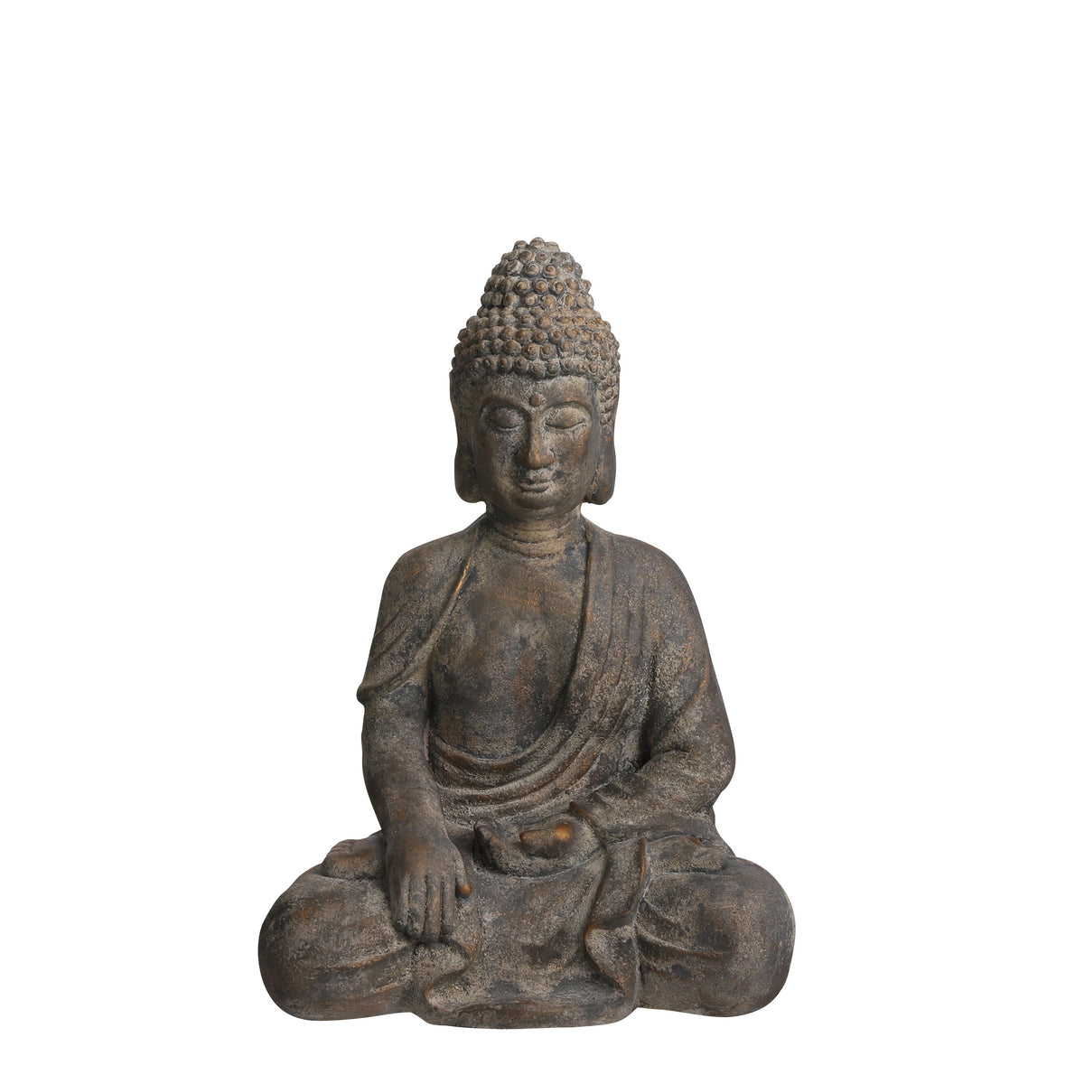 Stor siddende Buddha figur i gråt stenlook med fine detaljer til haven, terrassen og indendørs dekoration