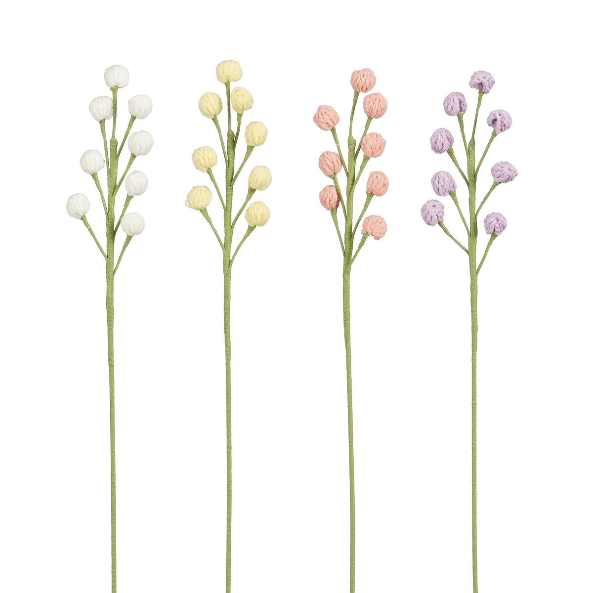 Hæklede blomsterstilke med små runde blomster i hvid, lysegul, lyserød og lilla