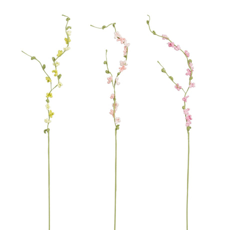 Hæklede blomstergrene med små blomster og grønne knopper i gul, lys lyserød og mørk lyserød