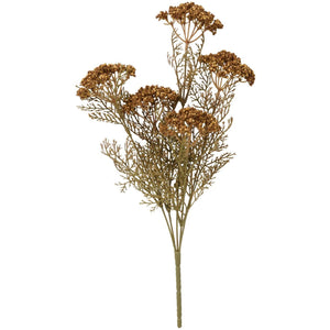 Kunstig blomsterstilk fra Ib Laursen med fem brune skærmblomster, fine forgreninger og naturfarvet løv.