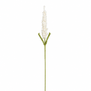 Hæklet hvid lavendelblomst med grønt bladpar og lang stilk, 48 cm
