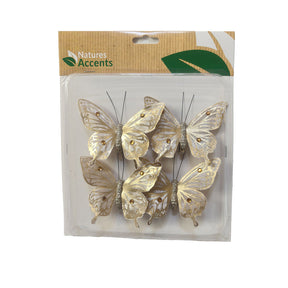 Aida sommerfugle fra Nature Accents i creme og guld med glitrende detaljer og klips, pakke med 4 stk