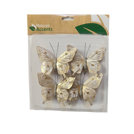 Aida sommerfugle fra Nature Accents i creme og guld med glitrende detaljer og klips, pakke med 4 stk