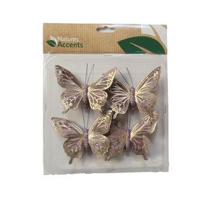 Aida sommerfugle fra Nature Accents i lilla og guld med glitrende vinger og klips, pakke med 4 stk