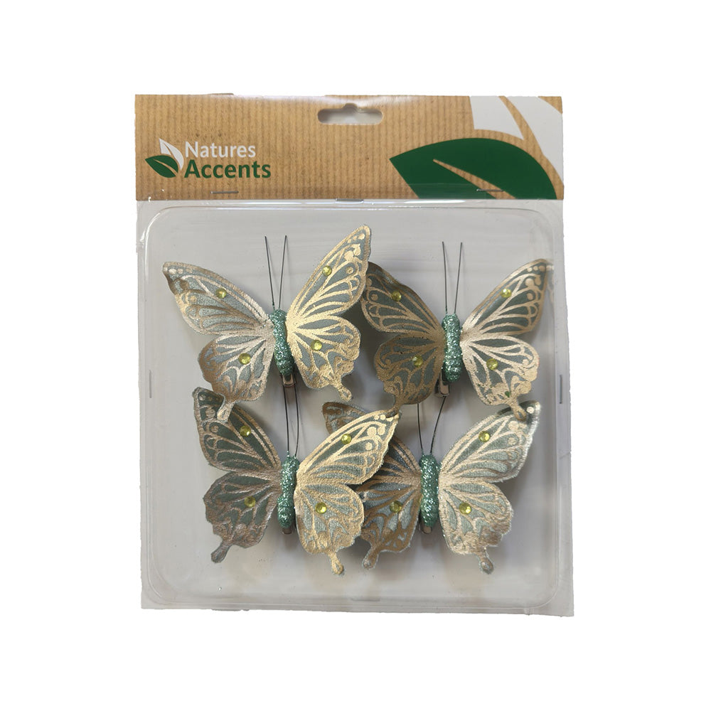 Aida sommerfugle fra Nature Accents i grøn og guld med glitrende vingemønstre og klips, pakke med 4 stk