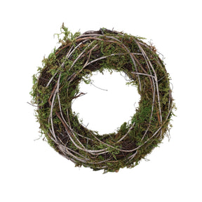 Rustik naturkrans med snoede grene, rattan, græs og grønt mos til påskekrans, efterårskrans og julekrans